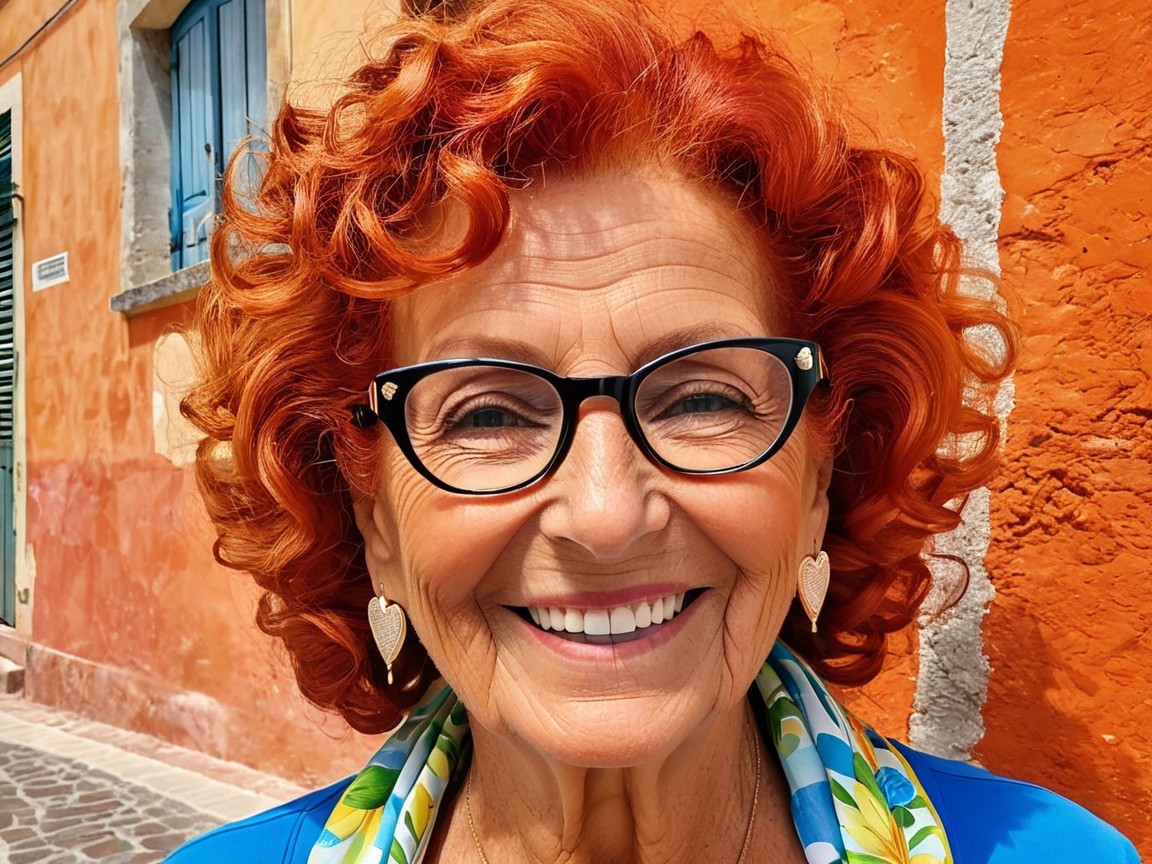 Cheerful elderly woman with vibrant red hair and glasses