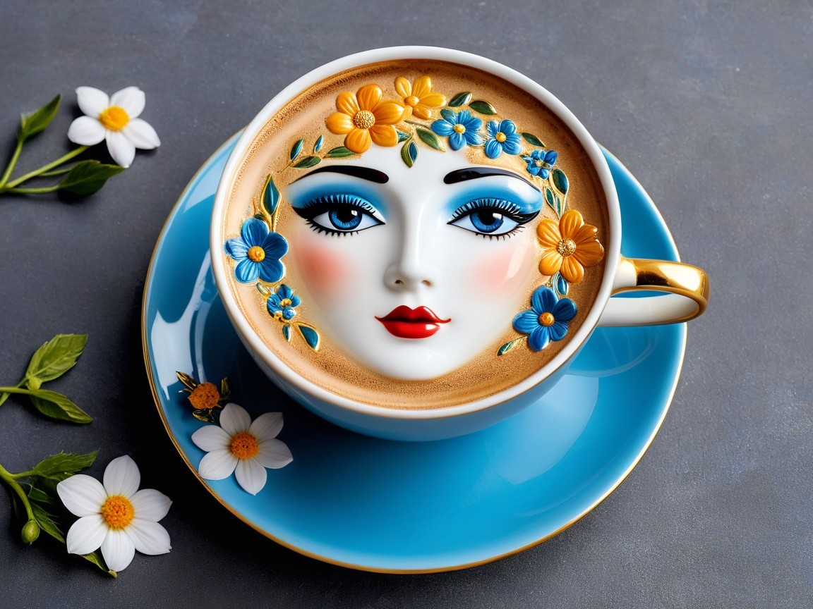 Whimsical Coffee Cup with Floral Face Design