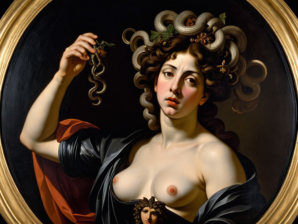 Medusa Figure with Serpent Crown and Dark Garment