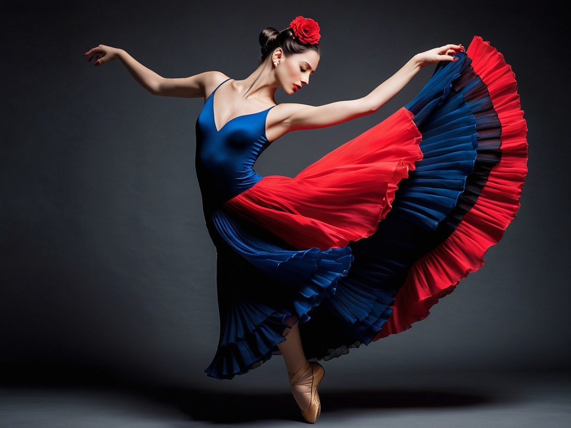 Ballerina in Deep Blue and Red Dress Performing Dance