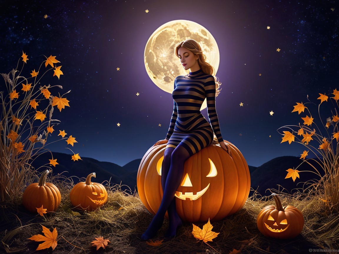 Serene Halloween Scene with Pumpkin and Full Moon