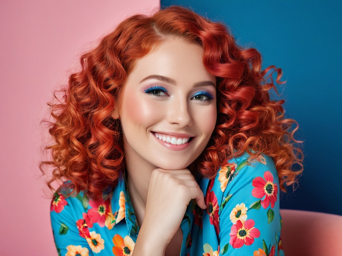 Vibrant Red-Haired Woman in Colorful Floral Outfit