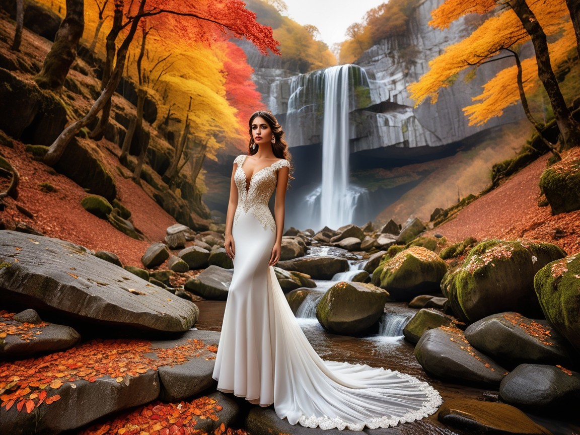 Bride in Elegant Gown by Autumn Waterfall Setting