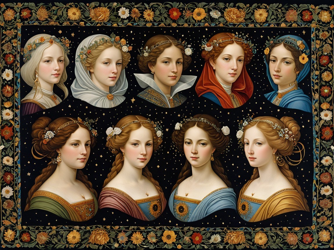Collection of Nine Elegant Women in Floral Border