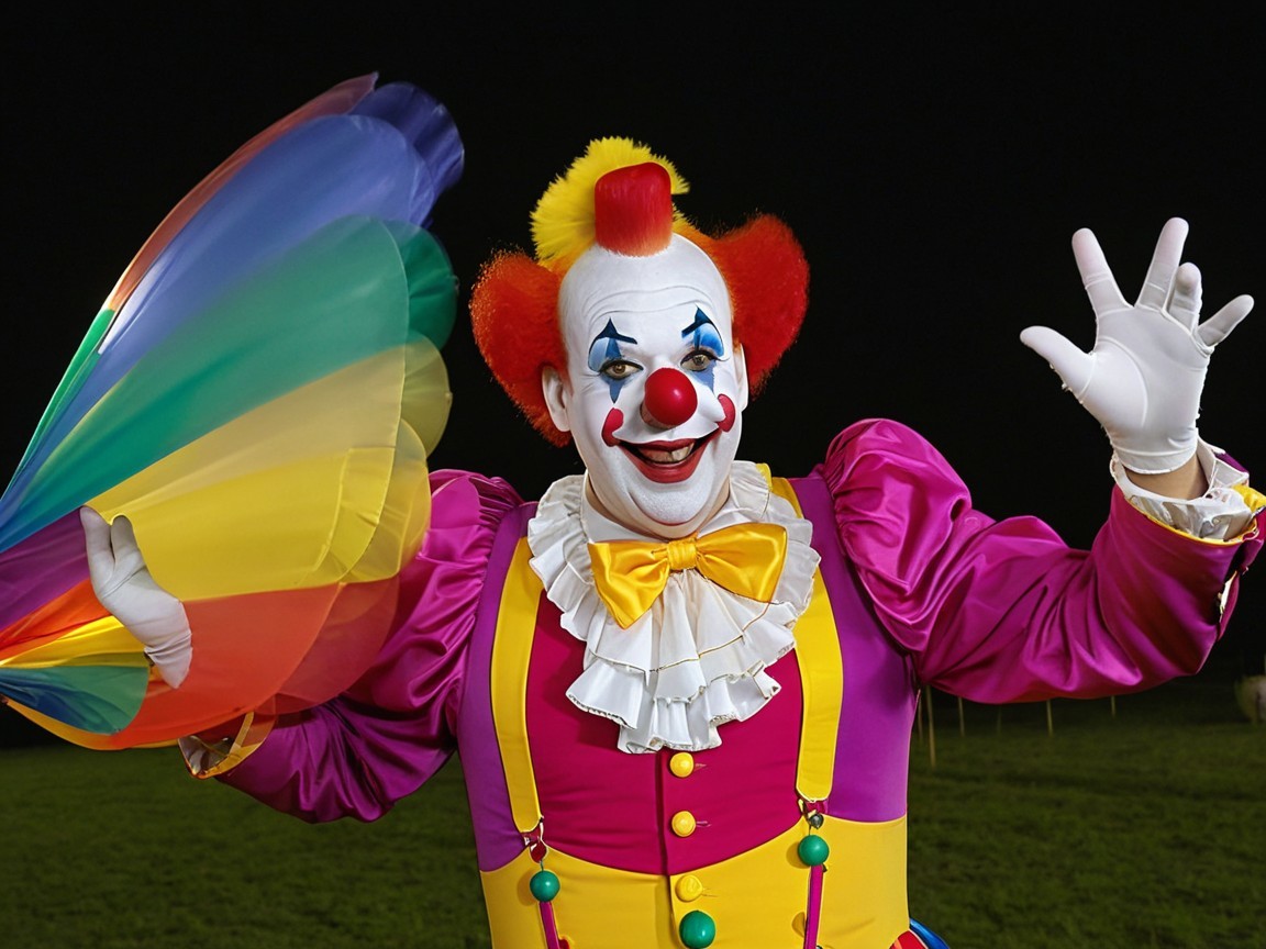 Cheerful clown with colorful outfit and rainbow fan