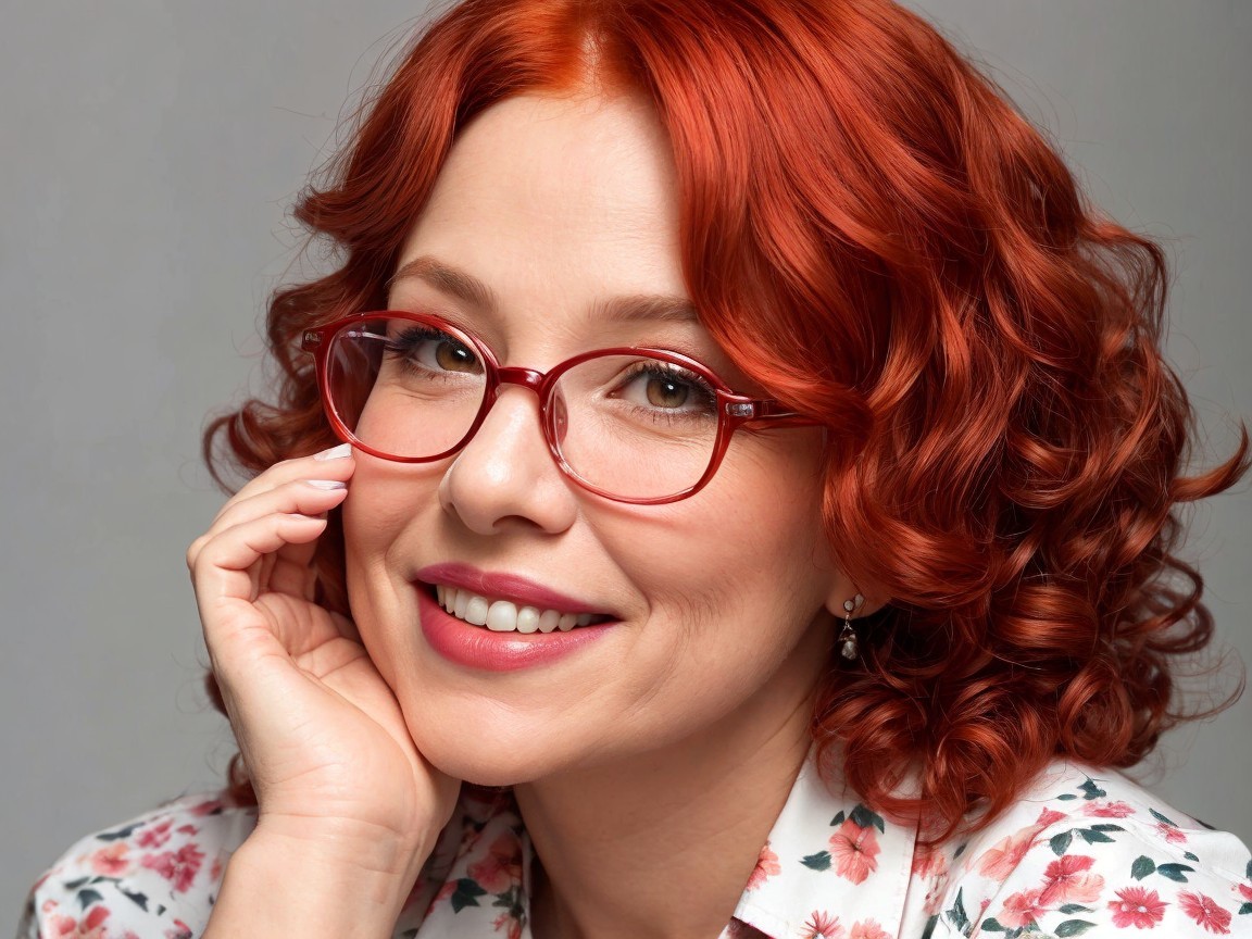 Woman with curly red hair and stylish glasses