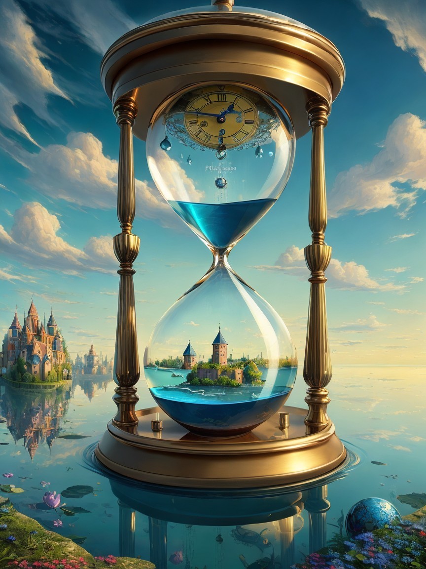 Golden-framed hourglass with water and castle island