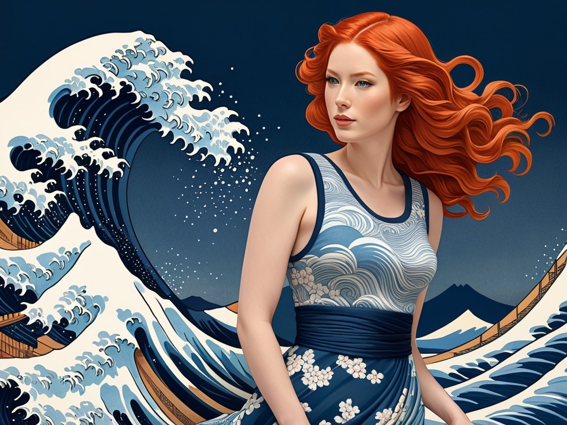 Illustration of a Woman in Blue Gown by Ocean Waves