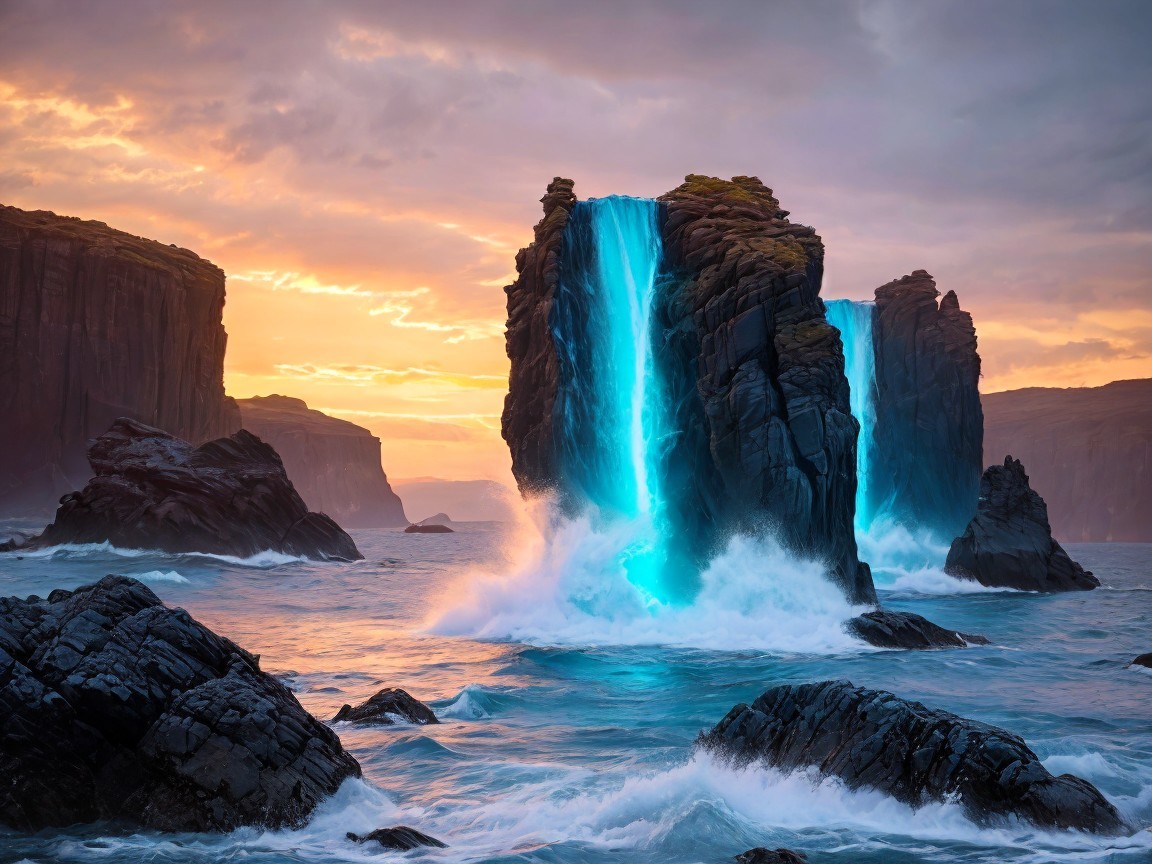 Coastal Landscape with Black Rocks and Waterfall at Sunset