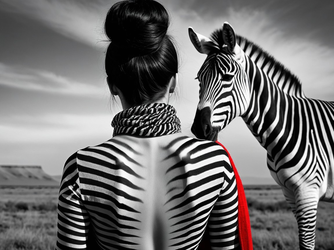 Woman in Zebra Stripes with Red Scarf in Landscape