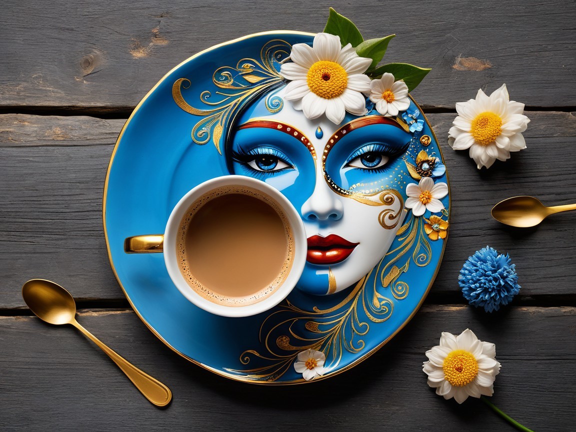 Artistic Blue Plate with Coffee and Floral Accents