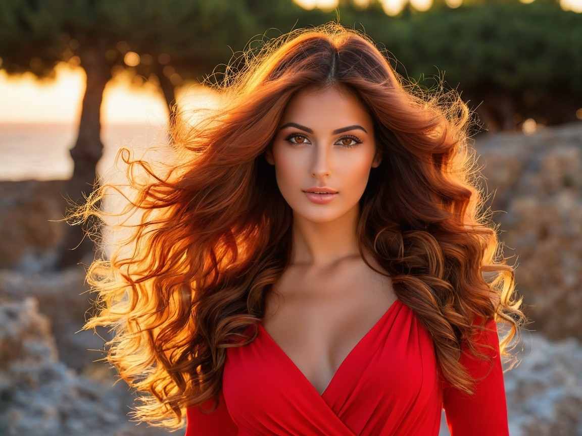 Woman in Red Dress Against Sunset Landscape