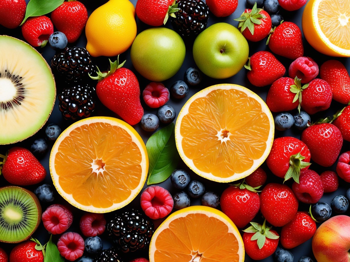 Vibrant Display of Fresh Fruits with Green Accents