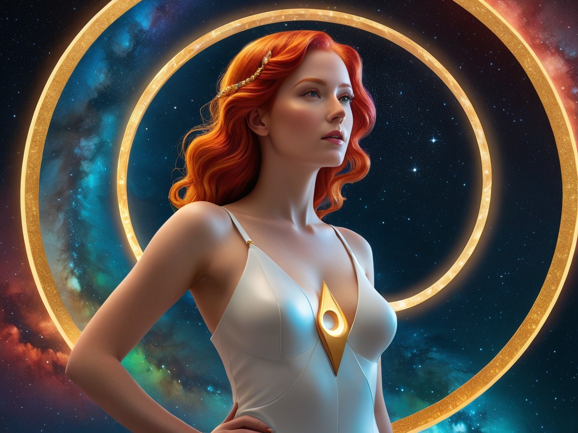 Woman with Red Hair in Cosmic Setting and Golden Rings