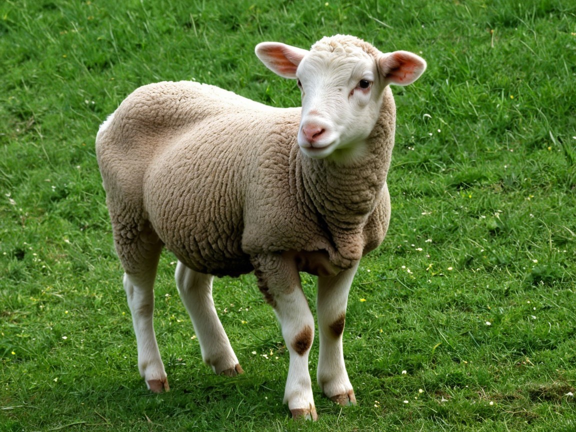Young sheep in a green field with wildflowers