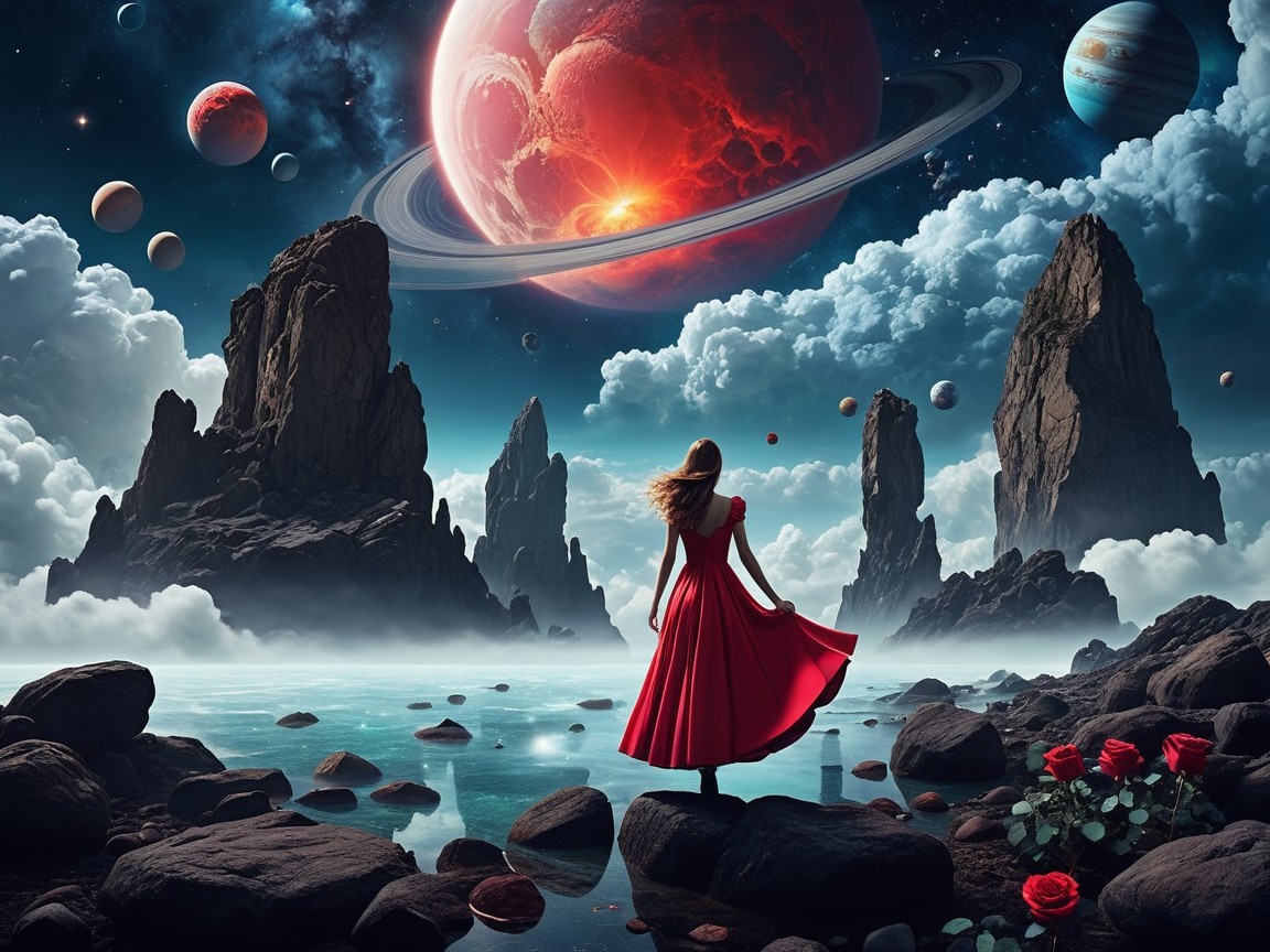 Surreal Landscape with Figure in Red Dress and Planets