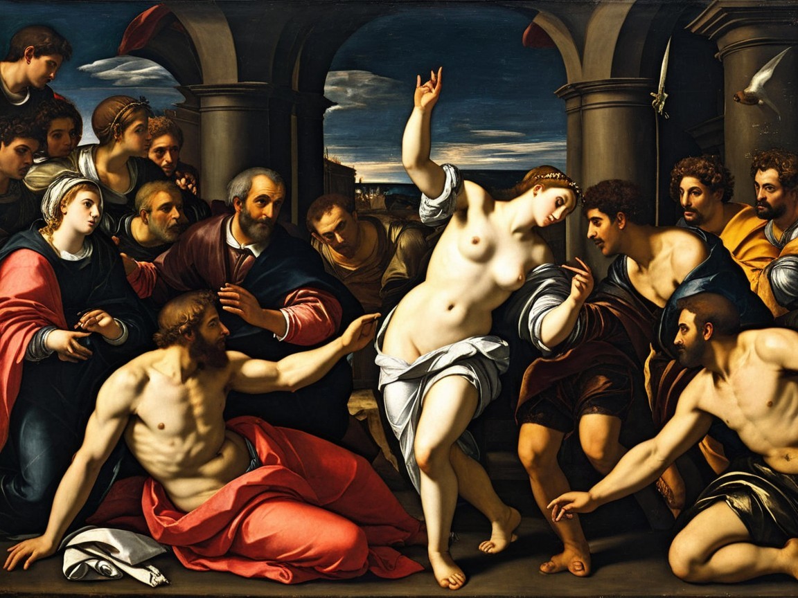 Nude Female Figure Surrounded by Diverse Characters