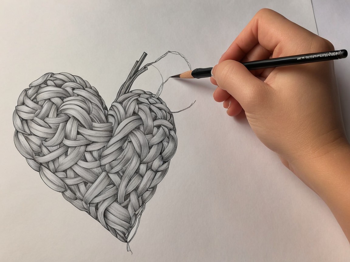 Detailed Drawing of a Woven Heart with Intricate Patterns