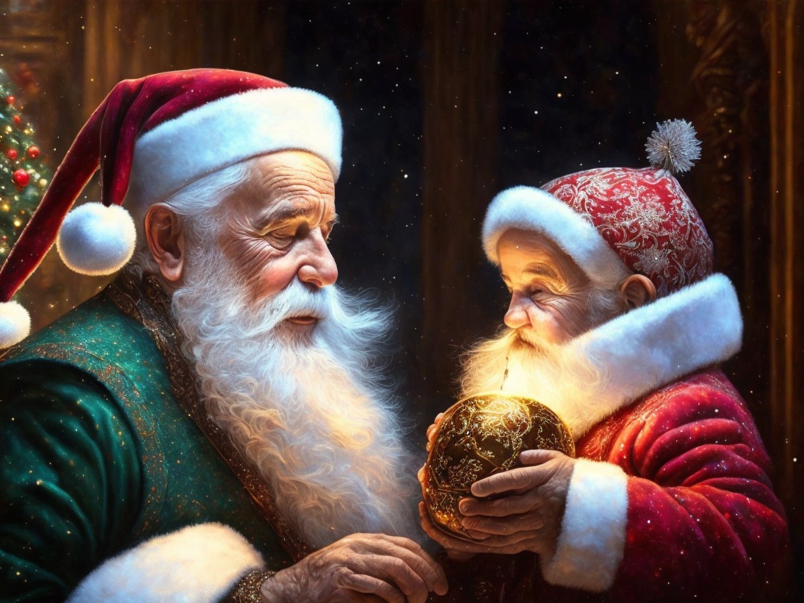 Realistic Santas with contrasting outfits and orb