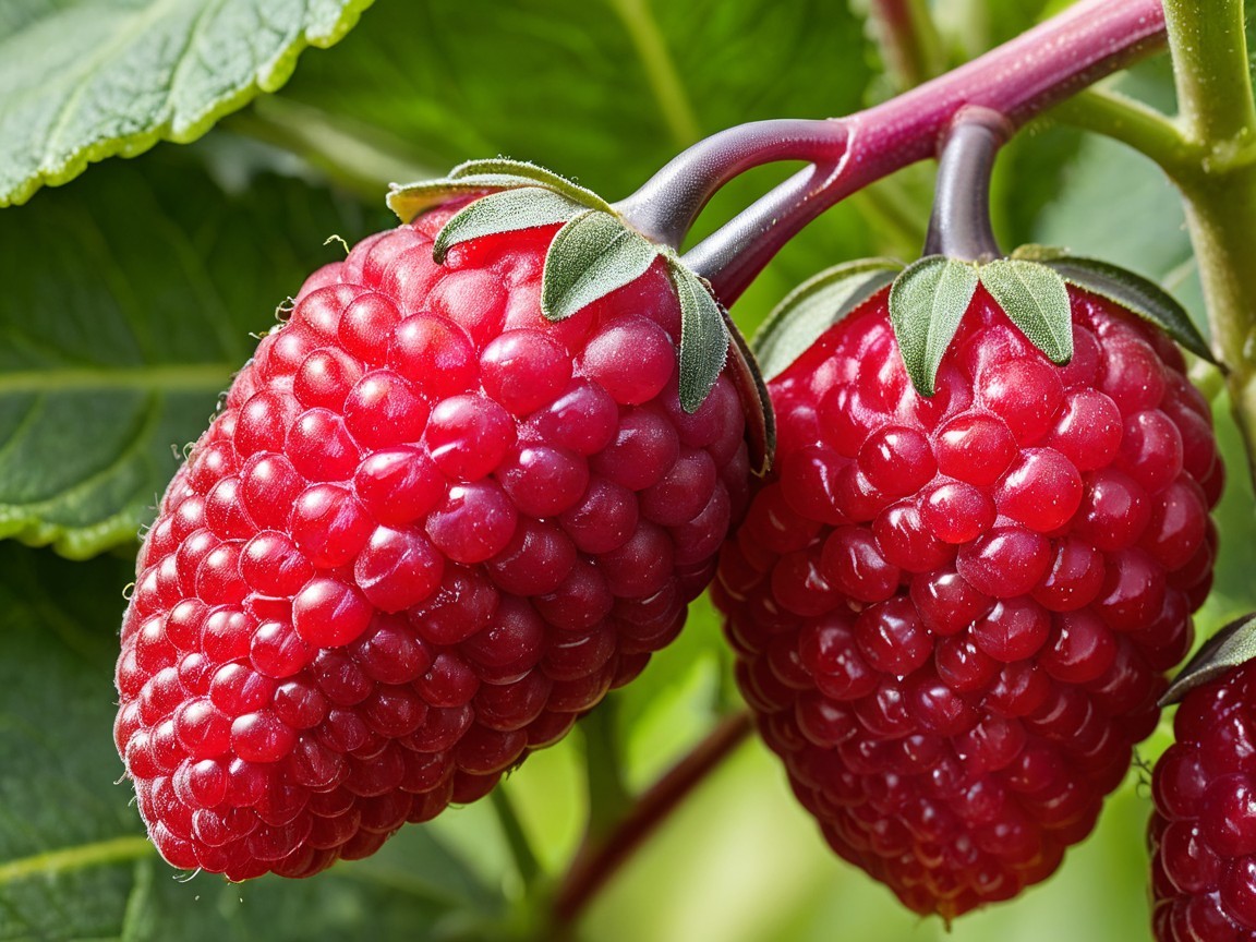 Fresh Ripe Raspberries on Green Stem with Dewdrops