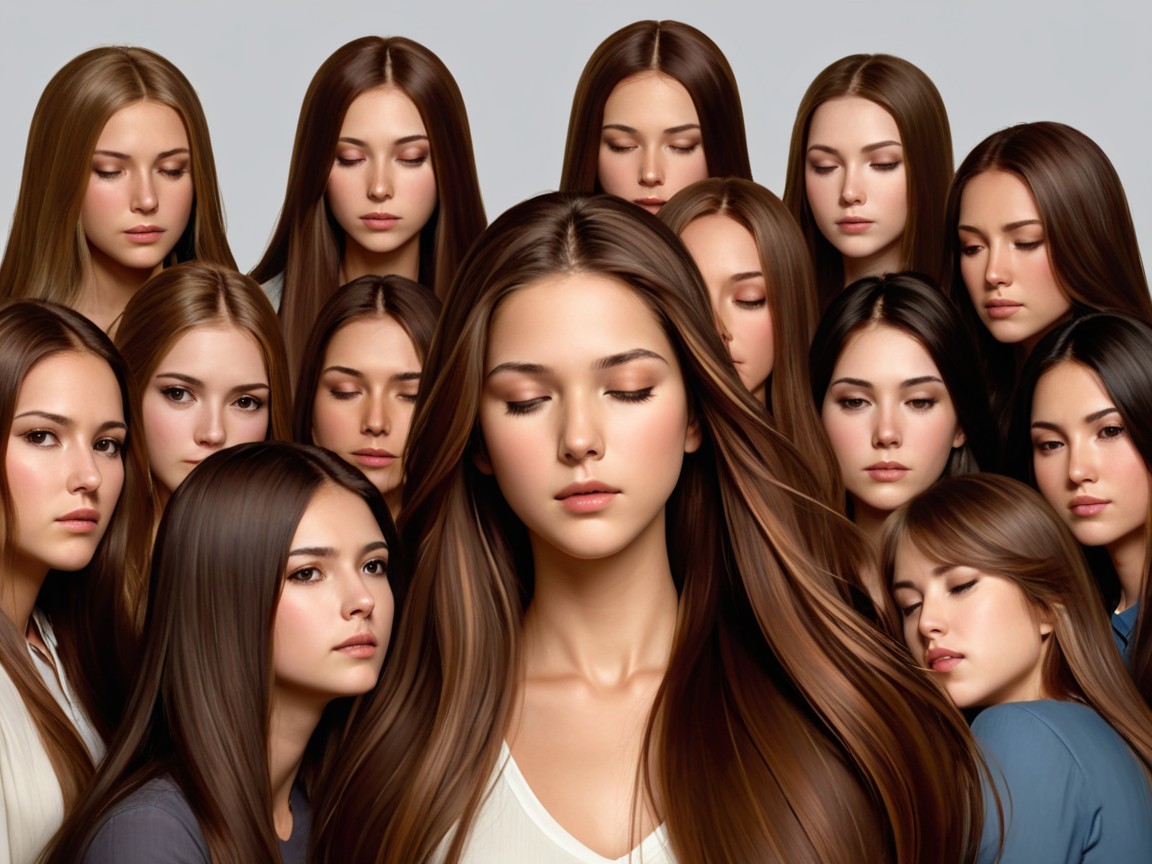 Composition of Multiple Serene Faces with Flowing Hair