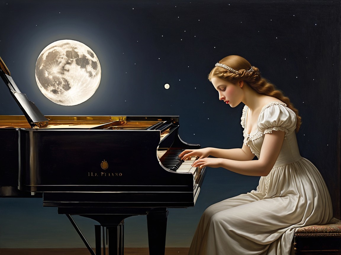 Young woman in white dress plays piano at night
