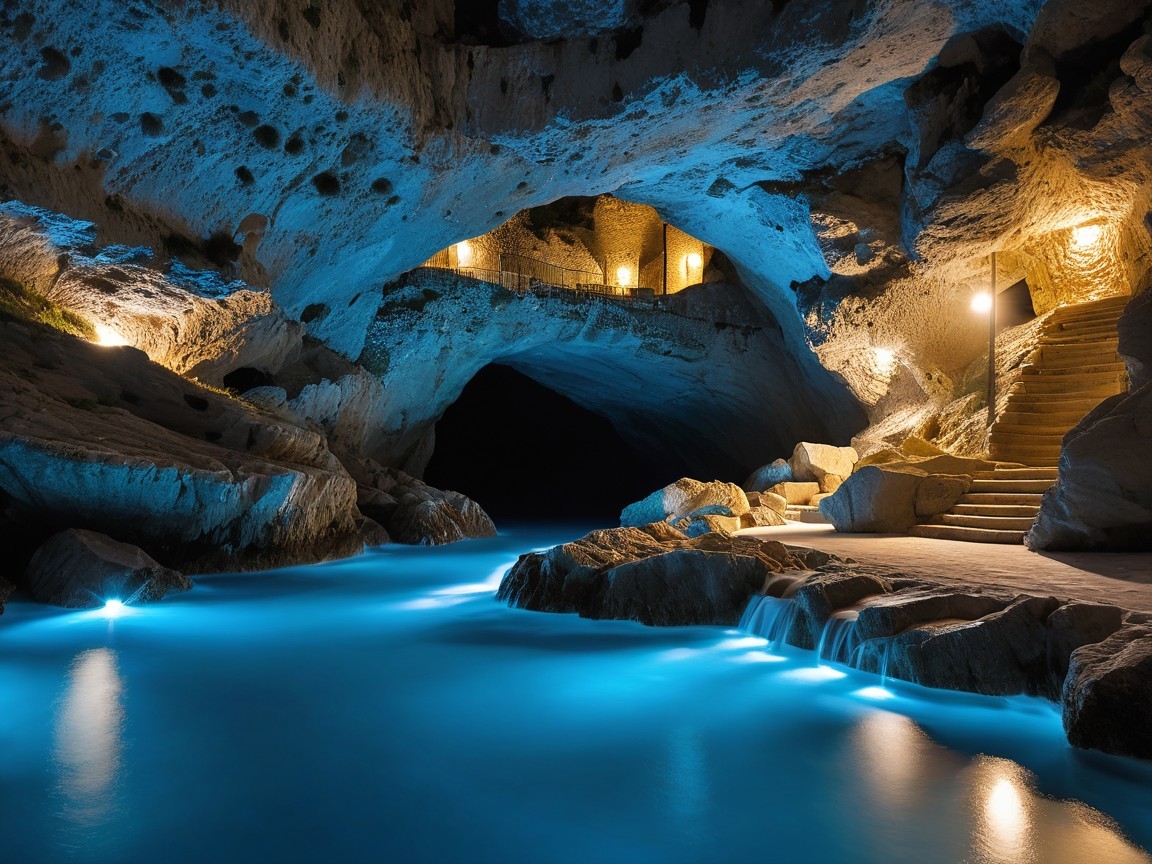 Serene Underground Cave with Glowing Blue Waters