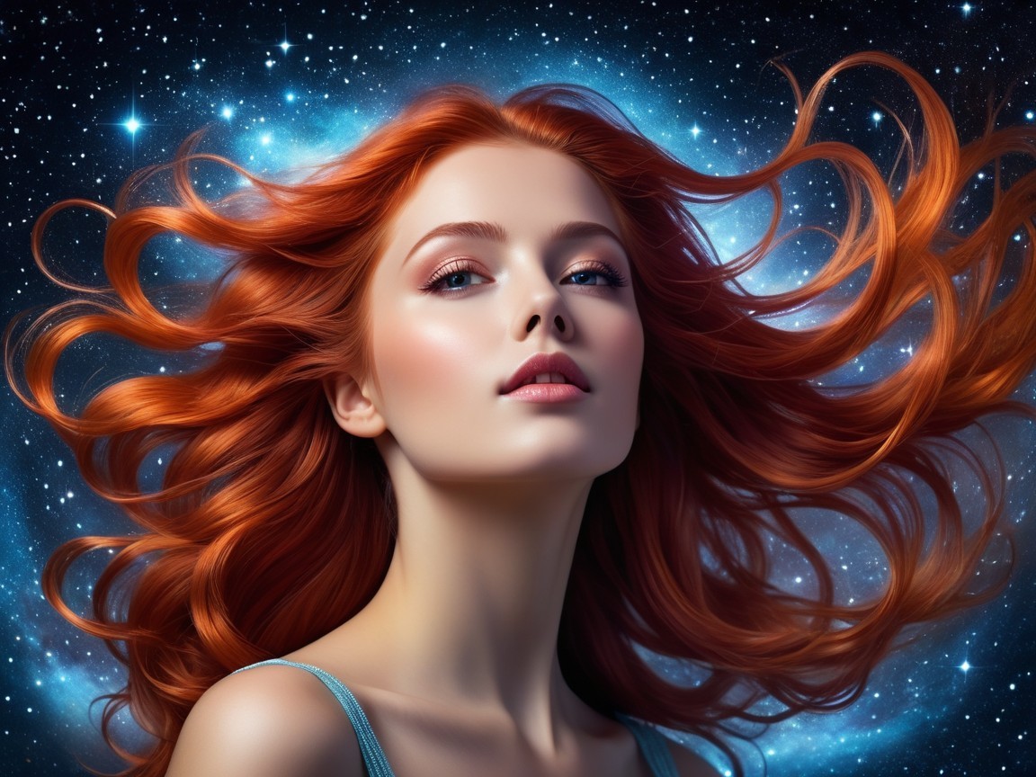 Young woman with red hair in cosmic backdrop
