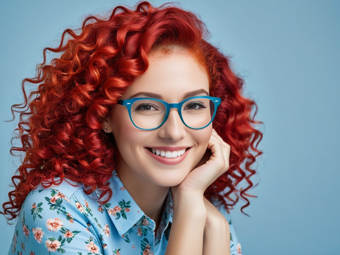 Young woman with red hair and blue glasses smiling