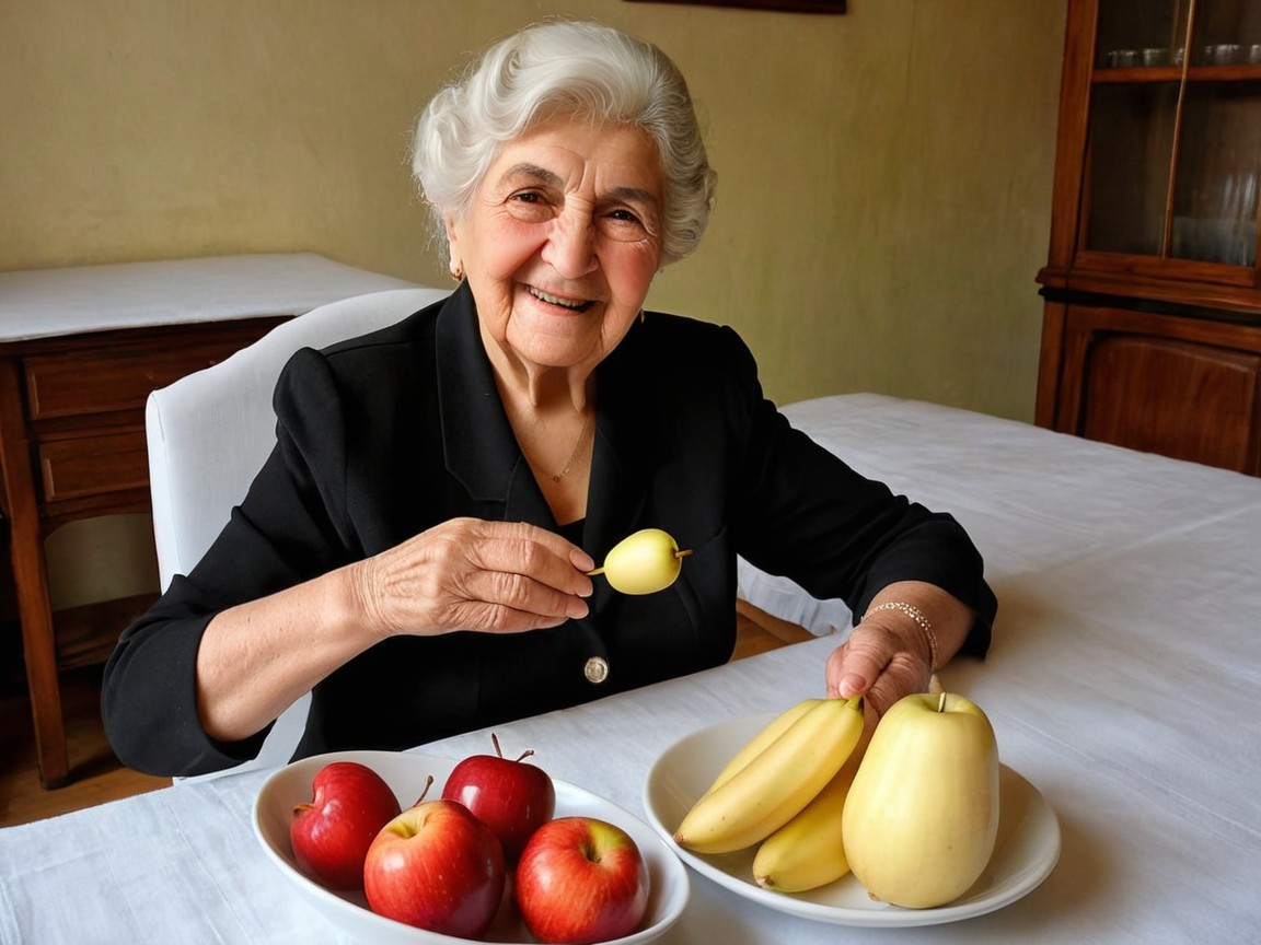 Elderly Woman in Cozy Room with Fruit and Warm Smile