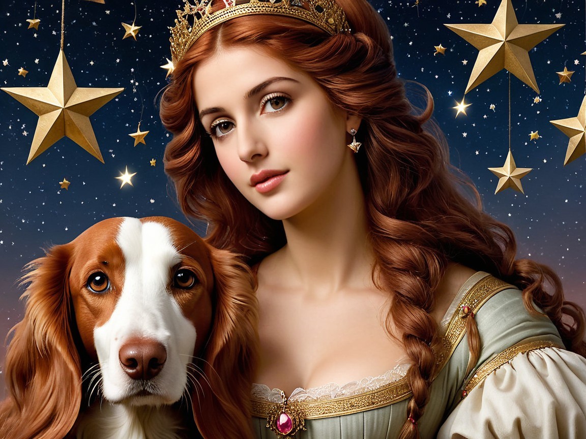 Young woman in gown with dog under starry sky