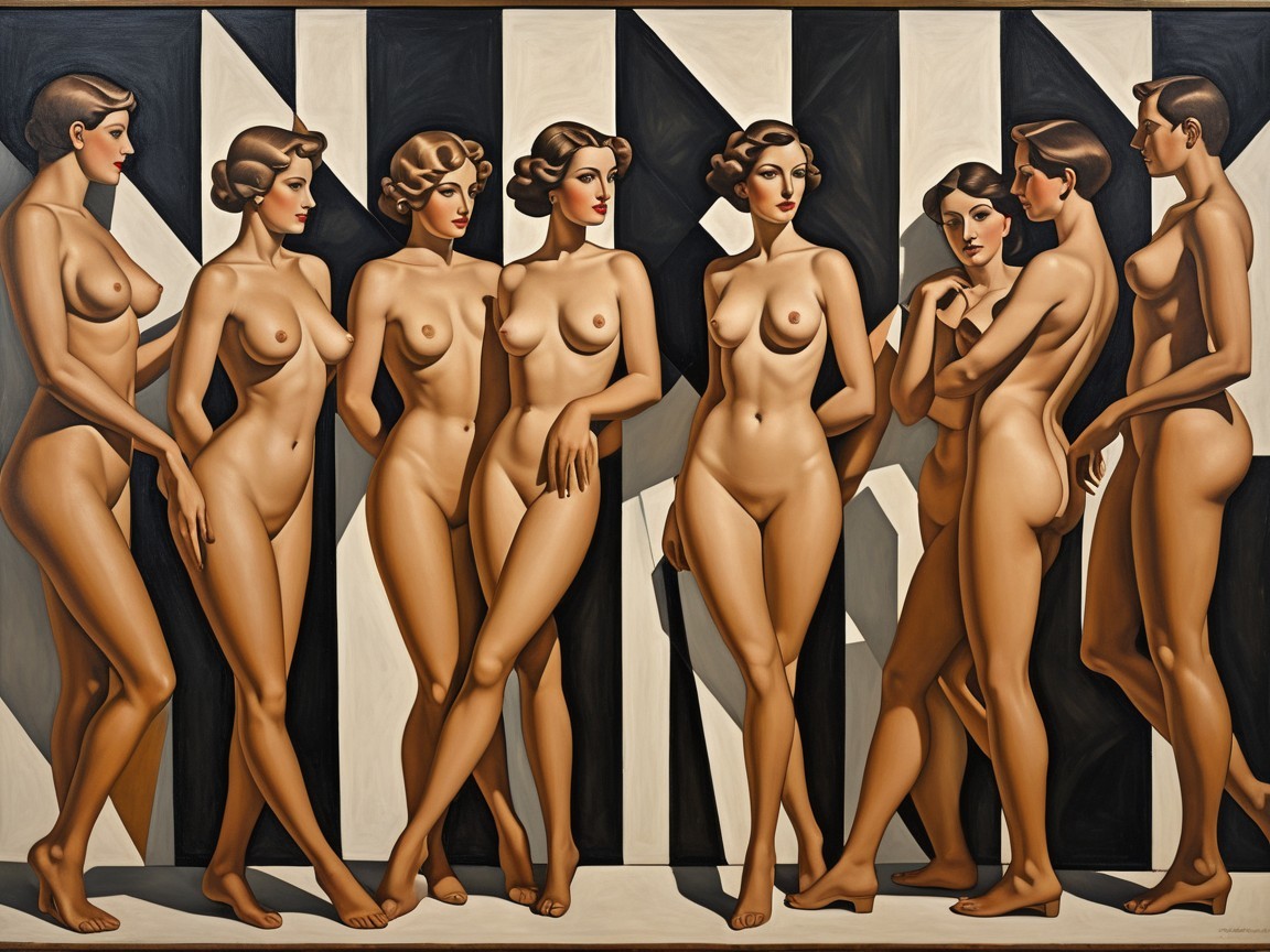 Nude Female Figures with Geometric Background Design