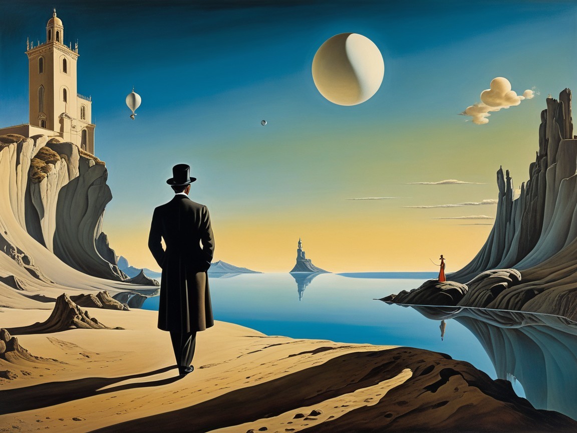 Surreal Painting of a Man Overlooking Water and Landscape