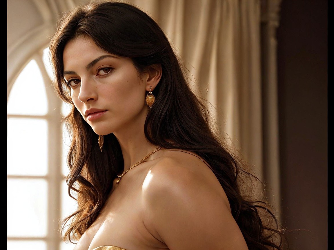 Elegant Woman with Flowing Hair and Gold Jewelry