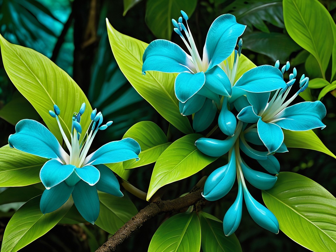 Vibrant Turquoise Flowers Surrounded by Green Leaves