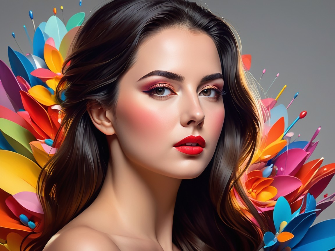 Portrait of a woman with vibrant makeup and flowers