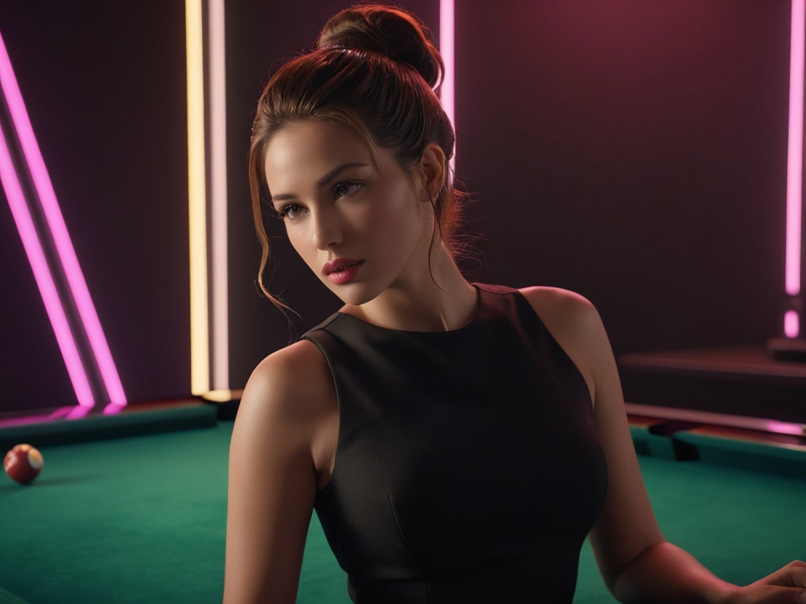 Stylish Woman in Elegant Dress by Neon Pool Table