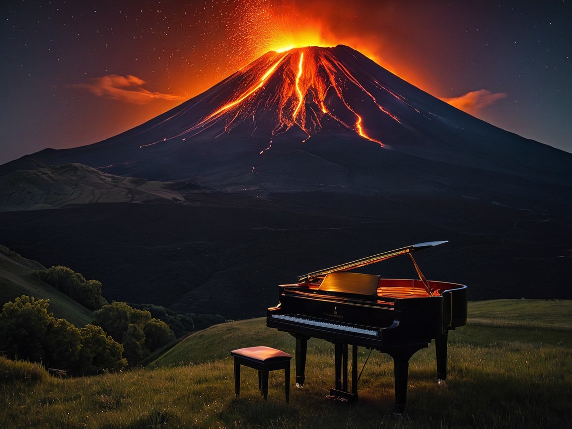 Piano on Hill with Erupting Volcano at Night
