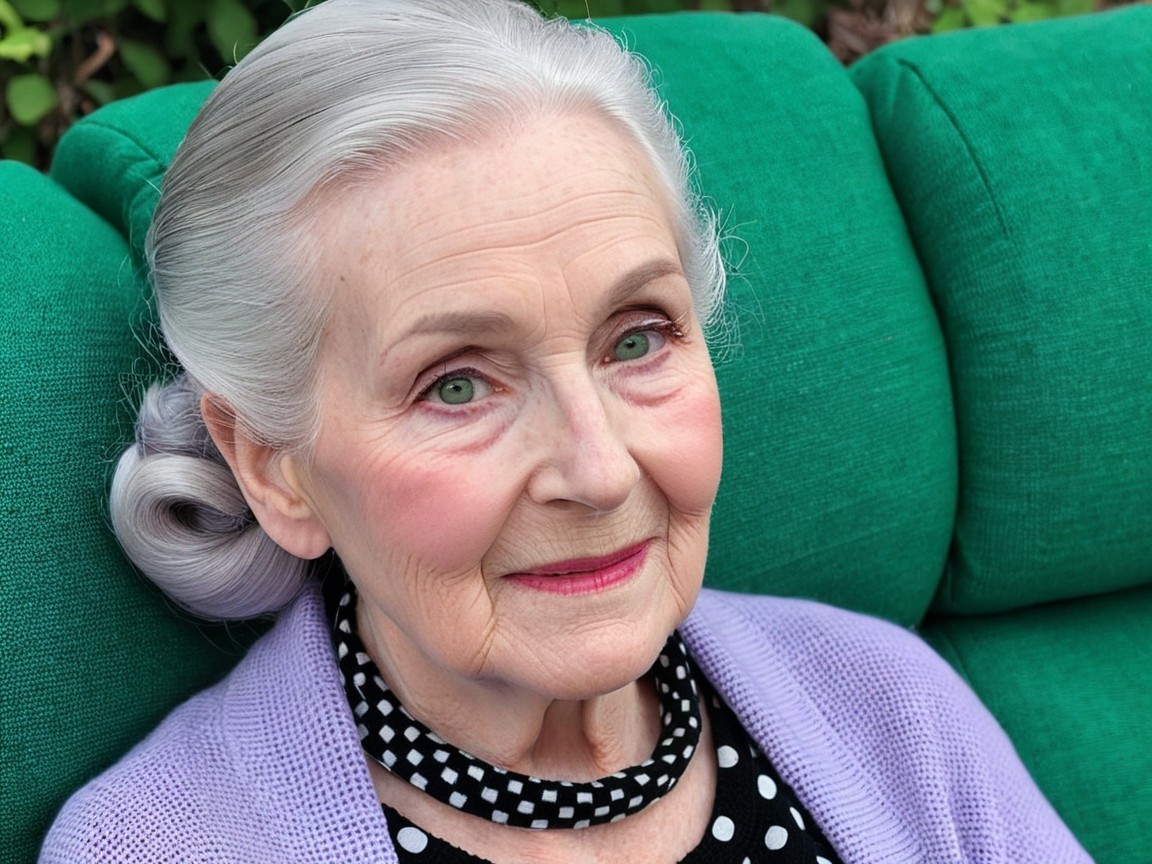 Elderly Woman in Lavender Cardigan on Green Couch