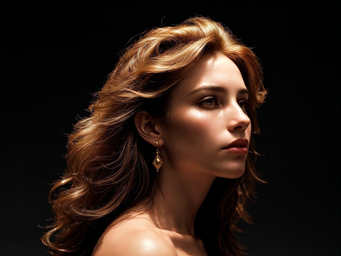 Portrait of a Young Woman with Glossy Hair and Earrings
