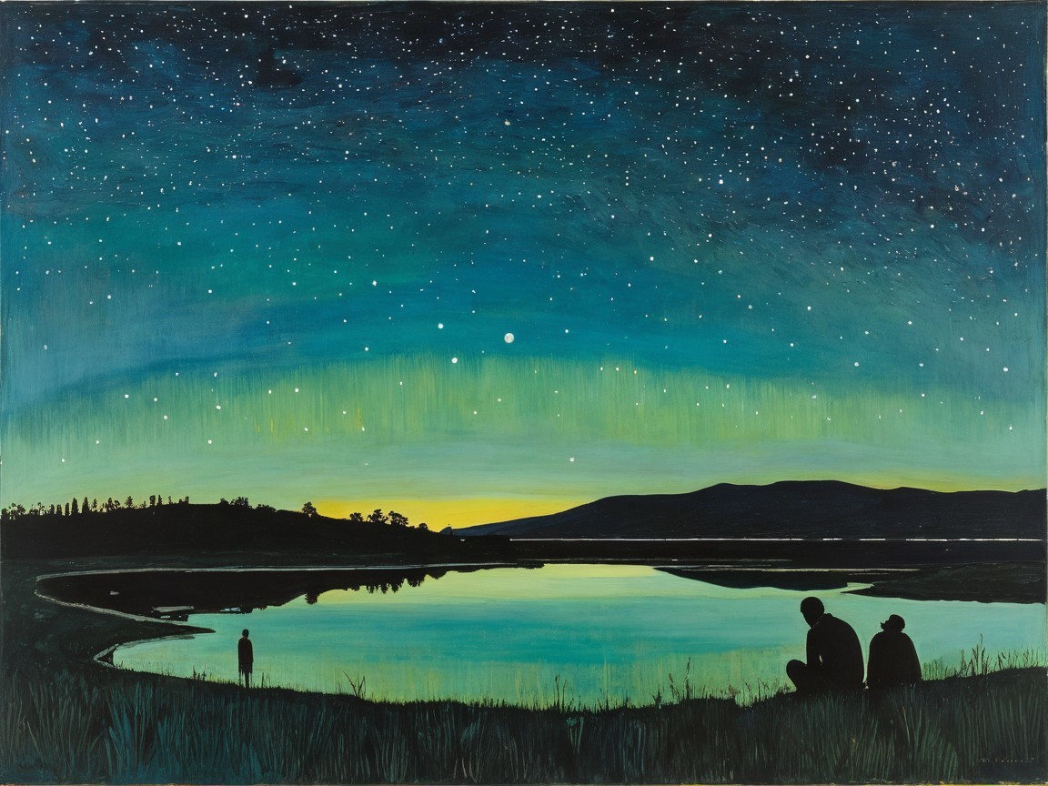 Serene Nighttime Landscape with Water and Stars