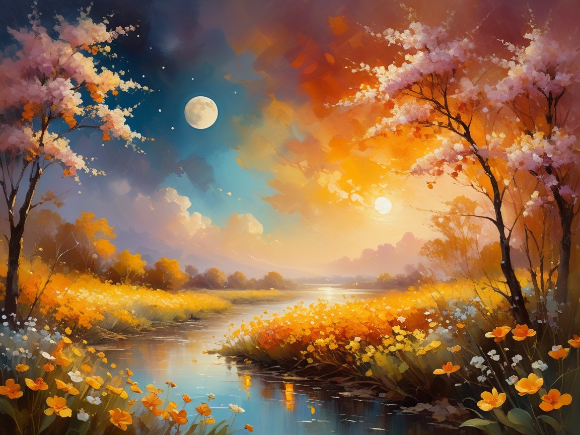 Vibrant Landscape with River and Blooming Flowers