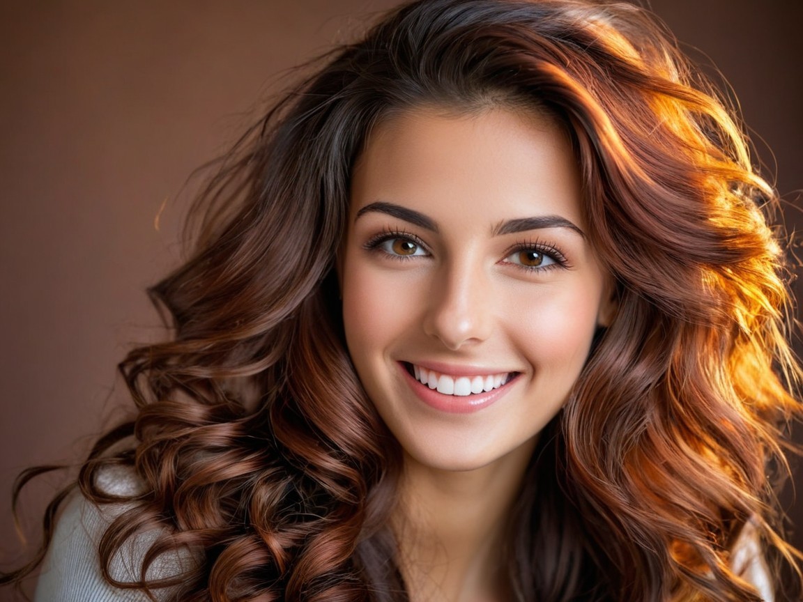 Young woman with voluminous curls and radiant smile