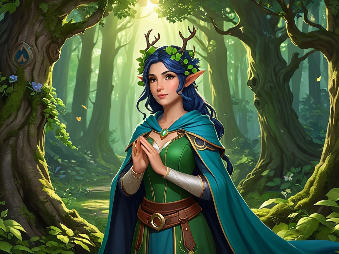Mystical Forest Scene with Elven Woman in Nature