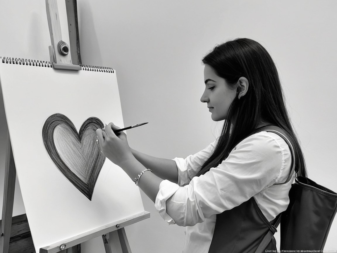 Young Woman Painting a Heart on Canvas in Profile