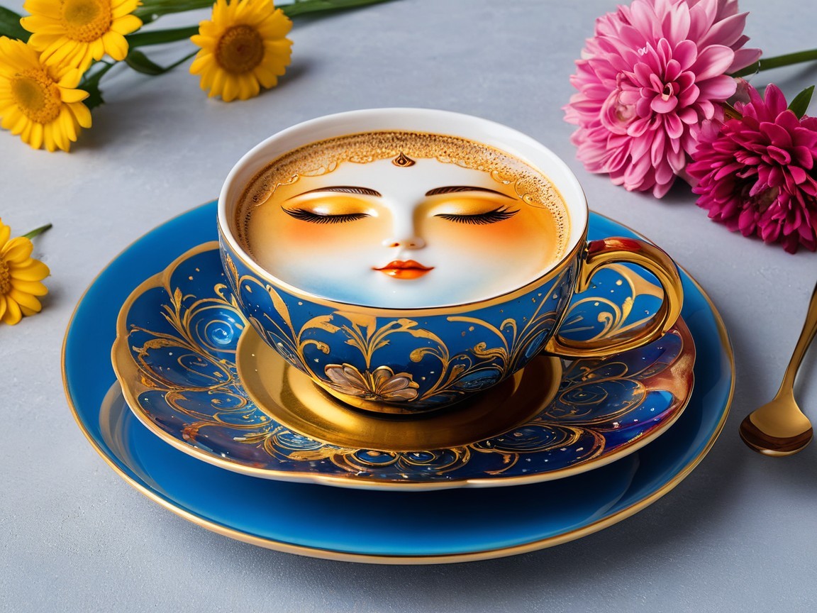Intricate Teacup with Coffee and Flower Accents