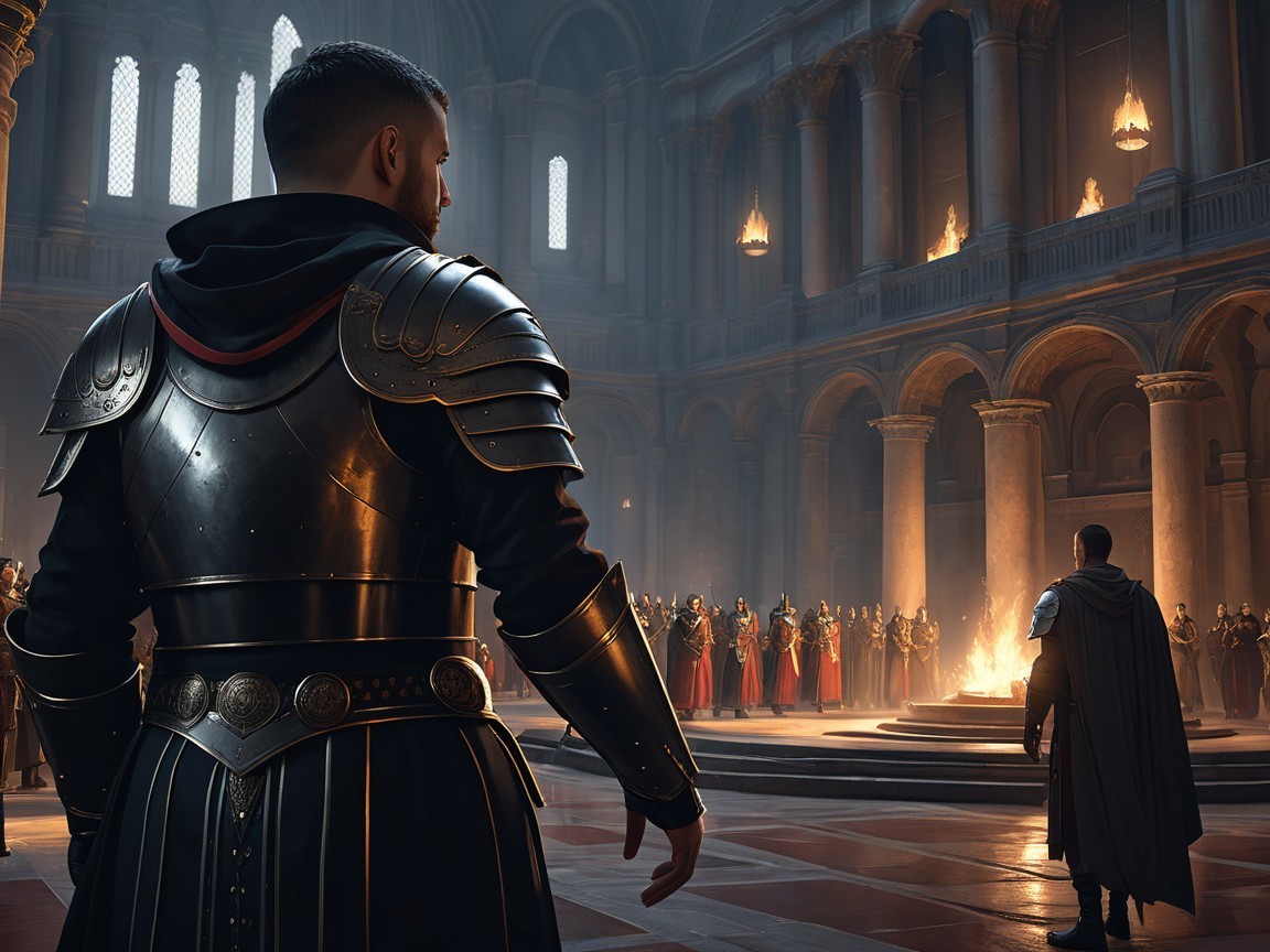 Knight in Armor Observes Gathering in Dim Hall