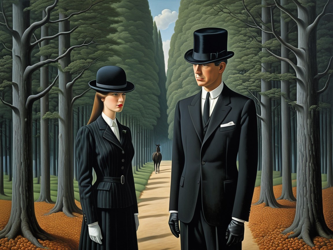 Elegant Figures in Black Attire on Leafy Pathway