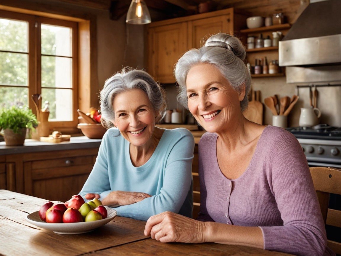 Joyful older women at a rustic kitchen table