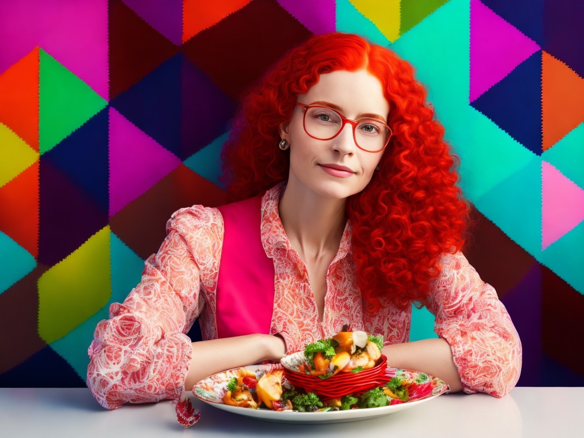 Woman with Red Hair Smiling at Colorful Table Setting